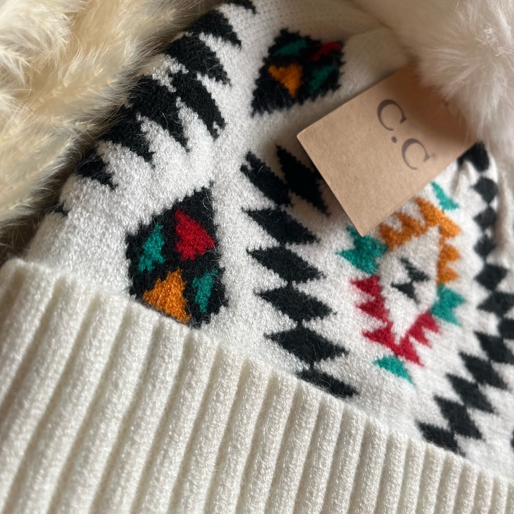 Womens C.C Exclusive Soft Aztec Southwest Pattern Beanie Hat With Faux Fur Pom🤎 - Picture 6 of 8
